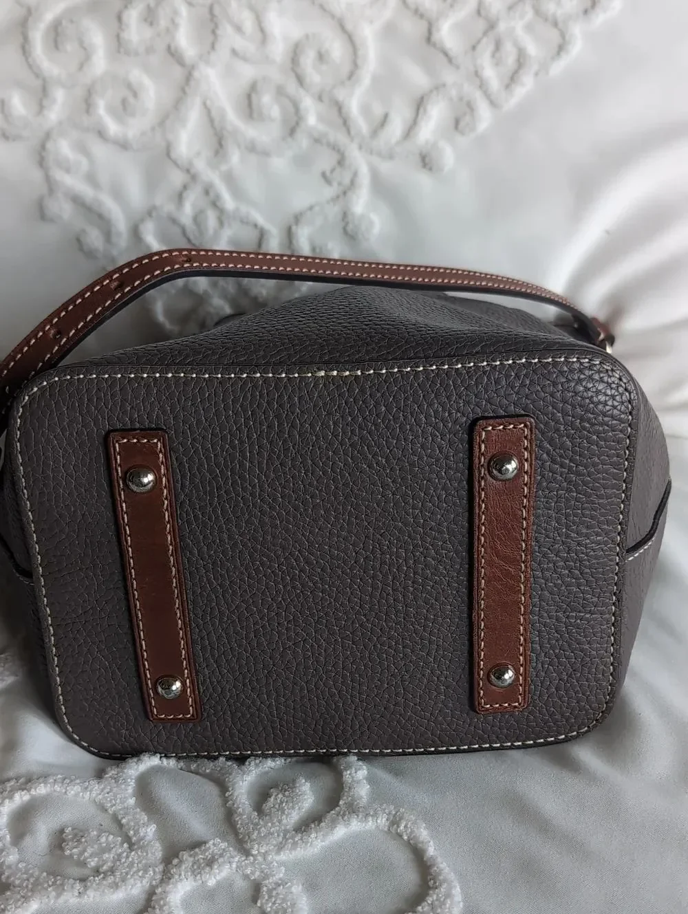 Dooney & Bourke Tasseled Leather Drwstring Bucket Shoulder Bag Taupe/British Tan
